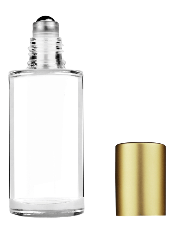 Pillar design 9ml Clear glass bottle with metal roller ball plug and matte gold cap.