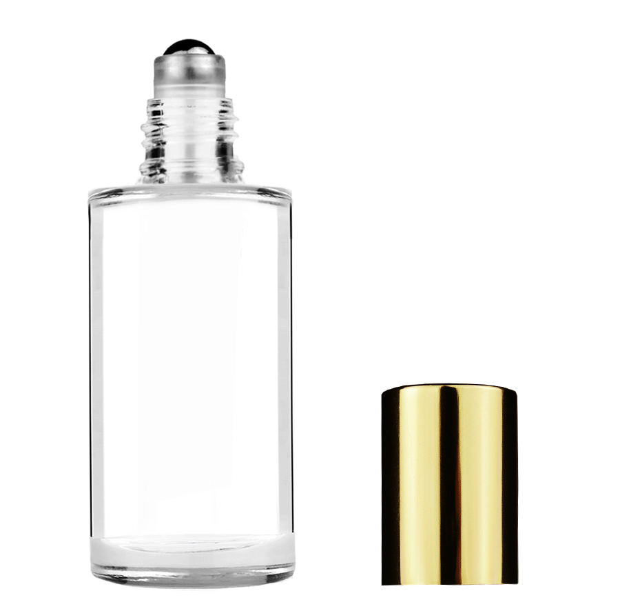 Pillar design 9ml Clear glass bottle with metal roller ball plug and shiny gold cap.