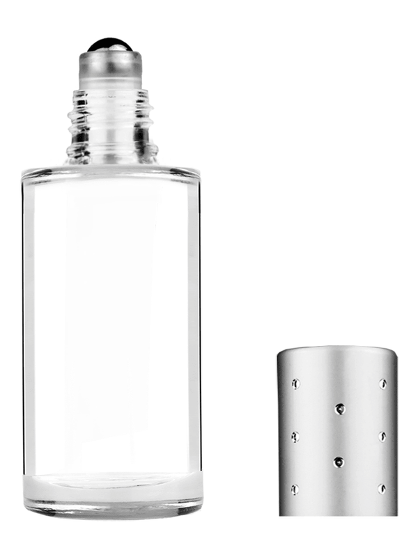 Pillar design 9ml Clear glass bottle with metal roller ball plug and silver cap with dots.