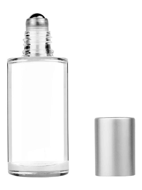 Pillar design 9ml Clear glass bottle with metal roller ball plug and matte silver cap.