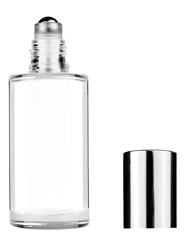 Pillar design 9ml Clear glass bottle with metal roller ball plug and shiny silver cap.