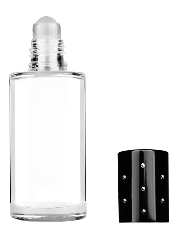 Cylinder design 9ml Clear glass bottle with roller ball plug and cap with black dots.