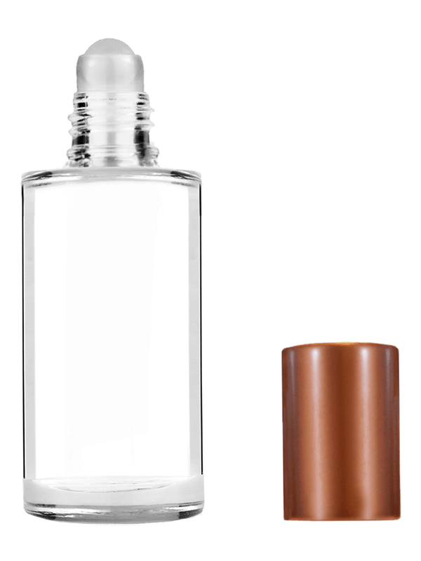 Cylinder design 9ml Clear glass bottle with roller ball plug and matte copper cap.
