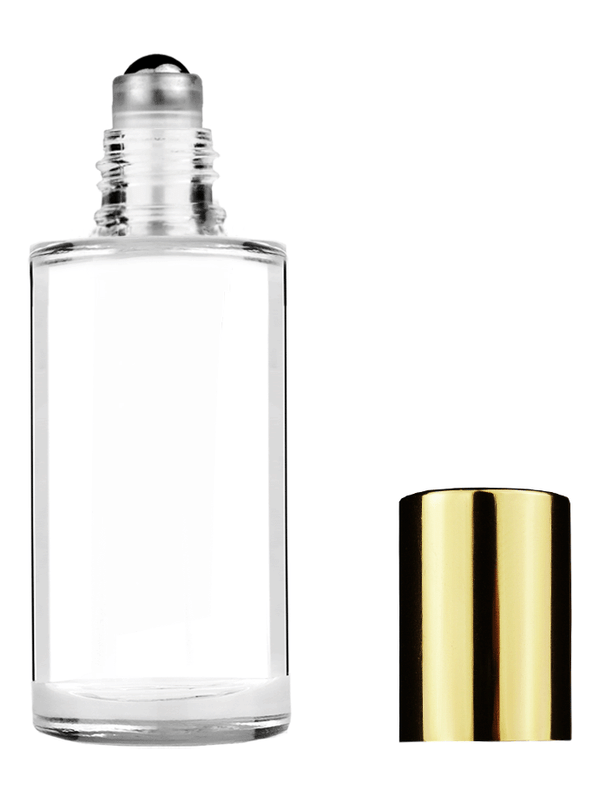 Cylinder design 9ml Clear glass bottle with roller ball plug and shiny gold cap.