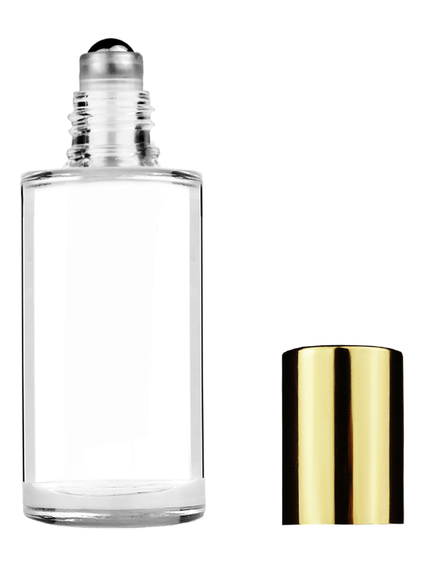Pillar design 9ml Clear glass bottle with roller ball plug and shiny gold cap.