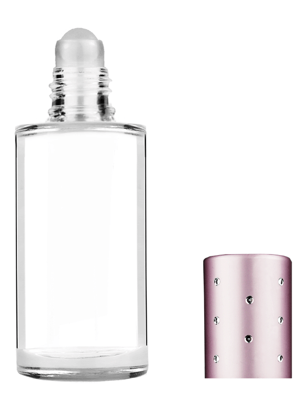 Pillar design 9ml Clear glass bottle with roller ball plug and pink cap with dots.