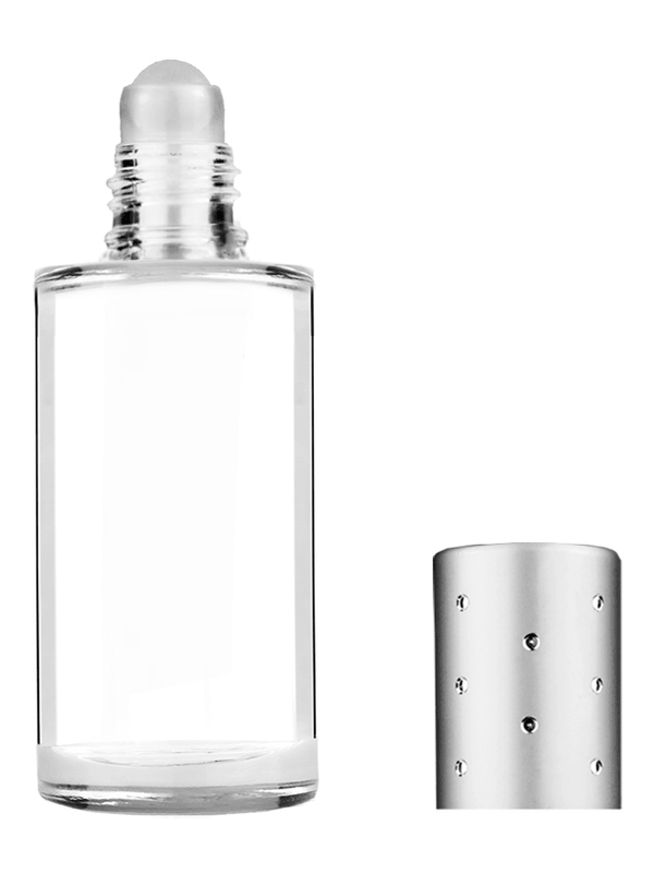 Cylinder design 9ml Clear glass bottle with roller ball plug and silver cap with dots.