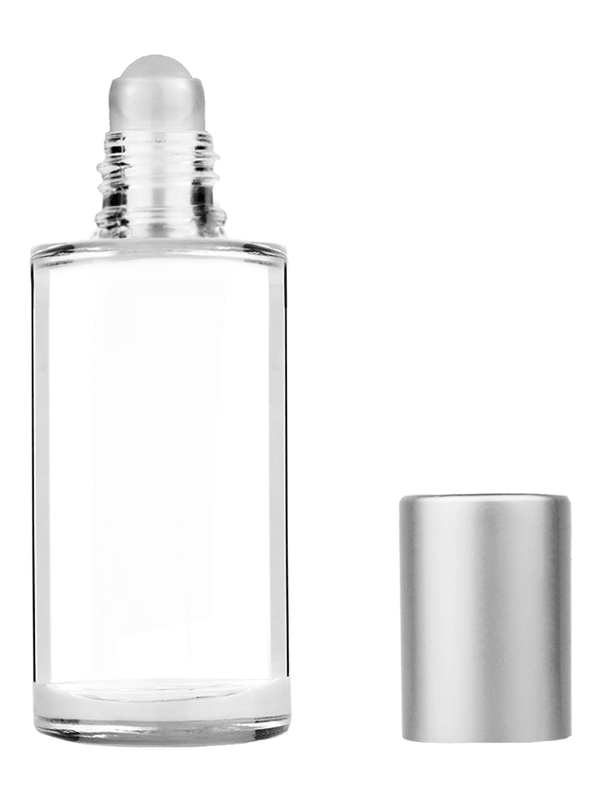 Pillar design 9ml Clear glass bottle with roller ball plug and matte silver cap.