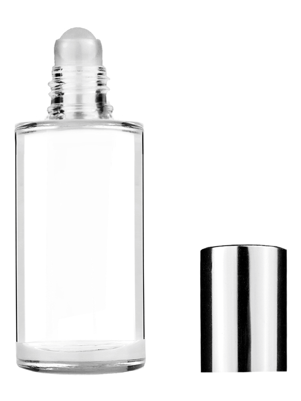 Pillar design 9ml Clear glass bottle with roller ball plug and shiny silver cap.