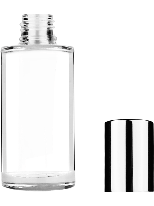 Pillar design 9ml Clear glass bottle with silver plastic cap.