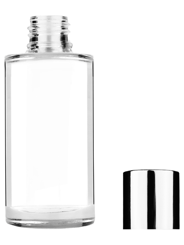 Pillar design 9ml Clear glass bottle with short silver plastic cap.