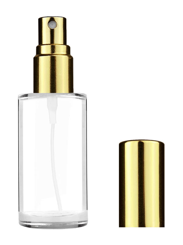 Pillar design 9ml Clear glass bottle with shiny gold spray.