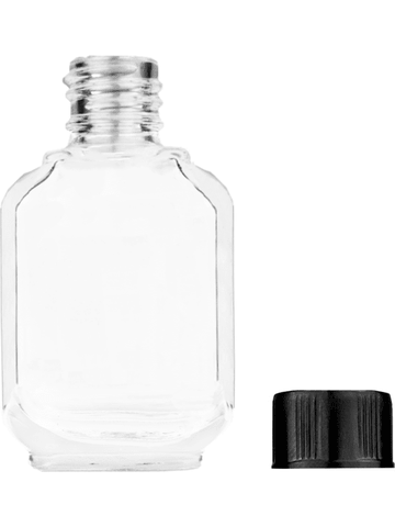 Footed rectangular design 10ml, 1/3oz Clear glass bottle with short ridged black cap.