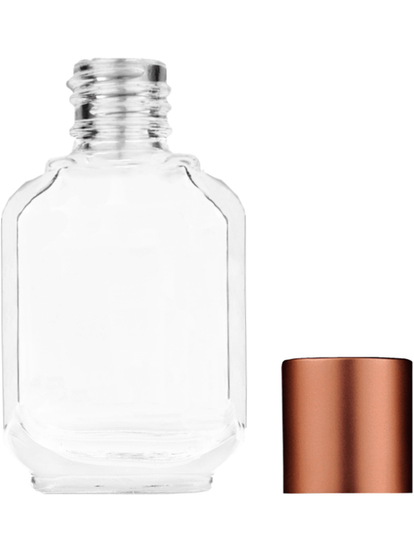 Footed Empty Clear glass bottle with short matte copper cap capacity: 10ml, 1/3oz. For use with perfume or fragrance oil, essential oils, aromatic oils and aromatherapy.