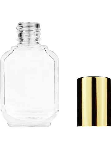 Footed rectangular design 10ml, 1/3oz Clear glass bottle with shiny gold cap.