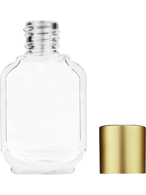 Footed Empty Clear glass bottle with short matte gold cap capacity: 10ml, 1/3oz. For use with perfume or fragrance oil, essential oils, aromatic oils and aromatherapy.