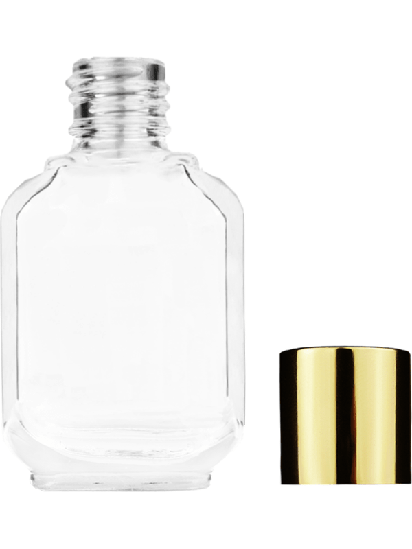 Footed Empty Clear glass bottle with short shiny gold cap capacity: 10ml, 1/3oz. For use with perfume or fragrance oil, essential oils, aromatic oils and aromatherapy.