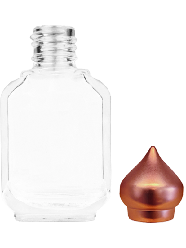 Empty Clear glass bottle with copper minaret dab on cap capacity 10ml.  For use with perfume or fragrance oil, essential oils, aromatic oils and aromatherapy.