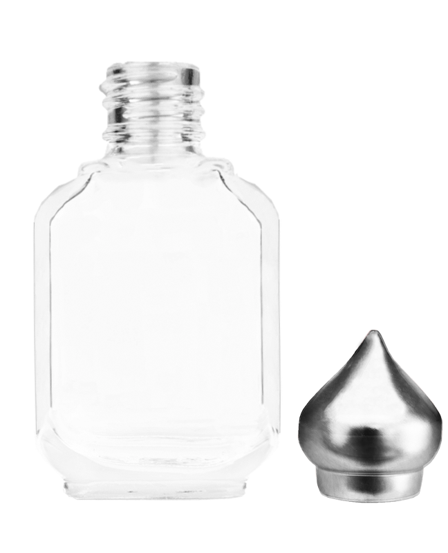 Footed Empty Clear glass bottle with silver minaret dab on cap capacity 10ml.  For use with perfume or fragrance oil, essential oils, aromatic oils and aromatherapy.