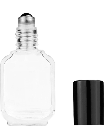 Footed rectangular design 10ml, 1/3oz Clear glass bottle with metal roller ball plug and black shiny cap.