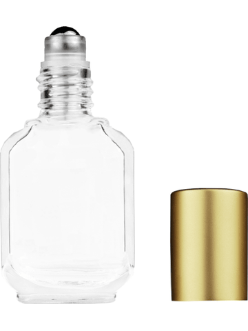 Footed rectangular design 10ml, 1/3oz Clear glass bottle with metal roller ball plug and matte gold cap.