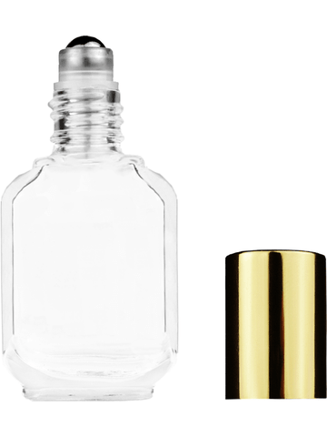 Footed rectangular design 10ml, 1/3oz Clear glass bottle with metal roller ball plug and shiny gold cap.