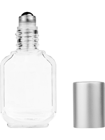 Footed rectangular design 10ml, 1/3oz Clear glass bottle with metal roller ball plug and matte silver cap.