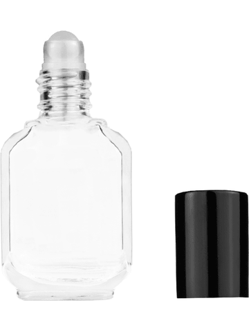 Footed rectangular design 10ml, 1/3oz Clear glass bottle with plastic roller ball plug and black shiny cap.