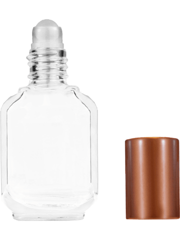 Footed rectangular design 10ml, 1/3oz Clear glass bottle with plastic roller ball plug and matte copper cap.