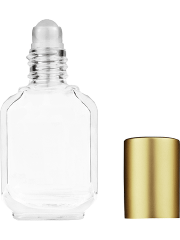 Footed rectangular design 10ml, 1/3oz Clear glass bottle with plastic roller ball plug and matte gold cap.