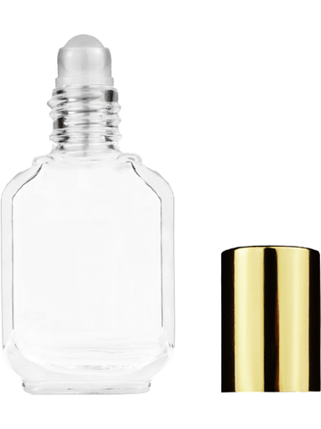 Footed rectangular design 10ml, 1/3oz Clear glass bottle with plastic roller ball plug and shiny gold cap.