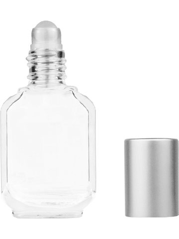 Footed rectangular design 10ml, 1/3oz Clear glass bottle with plastic roller ball plug and matte silver cap.