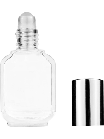Footed rectangular design 10ml, 1/3oz Clear glass bottle with plastic roller ball plug and shiny silver cap.