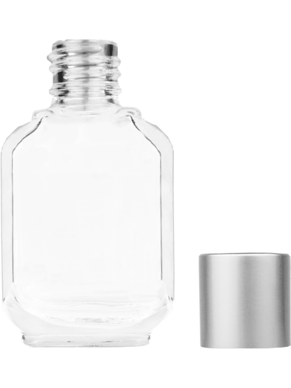 Footed Empty Clear glass bottle with short matte silver cap capacity: 10ml, 1/3oz. For use with perfume or fragrance oil, essential oils, aromatic oils and aromatherapy.