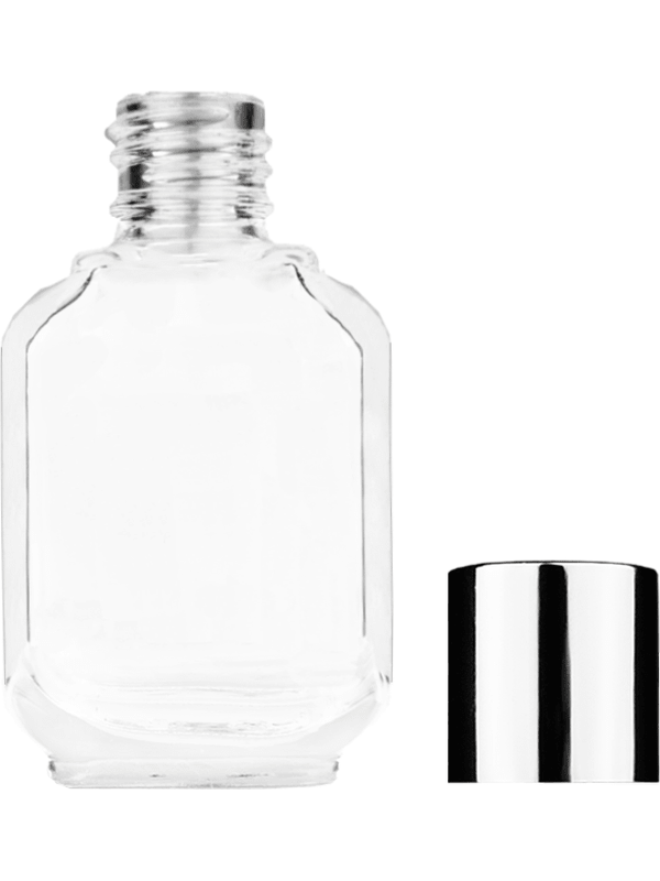 Footed Empty Clear glass bottle with short shiny silver cap capacity: 10ml, 1/3oz. For use with perfume or fragrance oil, essential oils, aromatic oils and aromatherapy.