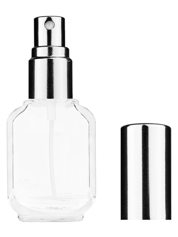 Footed rectangular design 10ml, 1/3oz Clear glass bottle with shiny silver spray.