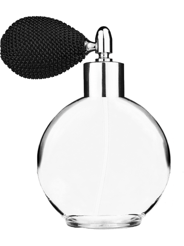 Round design 128 ml, 4.33oz  clear glass bottle  with black vintage style bulb sprayer with shiny silver collar cap.