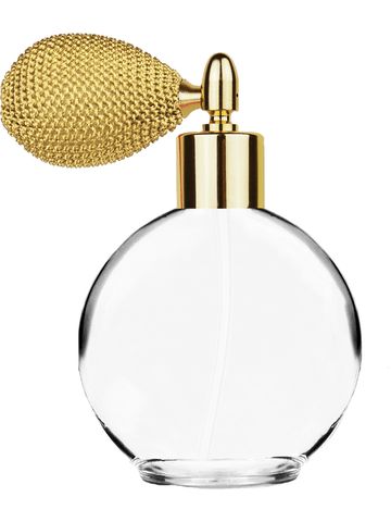 Round design 128 ml, 4.33oz  clear glass bottle  with gold vintage style sprayer with shiny gold collar cap.