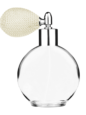 Round design 128 ml, 4.33oz  clear glass bottle  with ivory vintage style bulb sprayer with shiny silver collar cap.