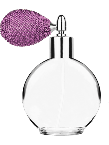 Round design 128 ml, 4.33oz  clear glass bottle  with lavender vintage style bulb sprayer with shiny silver collar cap.