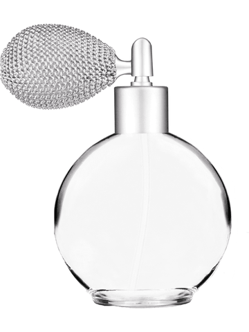 Round design 128 ml, 4.33oz  clear glass bottle  with matte silver vintage style sprayer with matte silver collar cap.