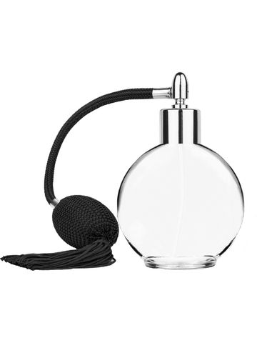 Round design 128 ml, 4.33oz  clear glass bottle  with Black vintage style bulb sprayer with tasseland shiny silver collar cap.