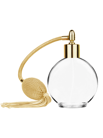 Round design 128 ml, 4.33oz  clear glass bottle  with Gold vintage style bulb sprayer with tasseland shiny gold collar cap.