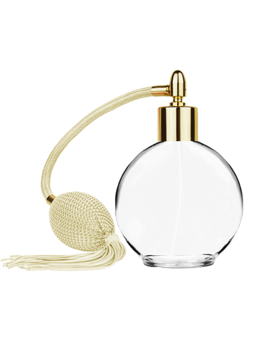 Round design 128 ml, 4.33oz  clear glass bottle  with Ivory vintage style bulb sprayer with tassel and shiny gold collar cap.