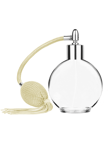 Round design 128 ml, 4.33oz  clear glass bottle  with Ivory vintage style bulb sprayer with tassel and shiny silver collar cap.