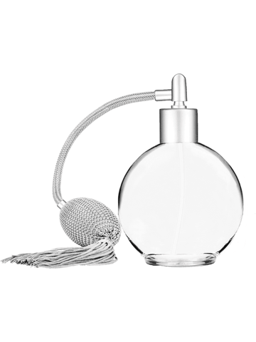 Round design 128 ml, 4.33oz  clear glass bottle  with Silver vintage style bulb sprayer with tasseland matte silver collar cap.