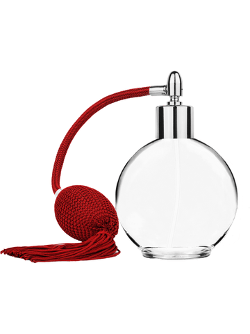 Round design 128 ml, 4.33oz  clear glass bottle  with Red vintage style bulb sprayer with tasseland shiny silver collar cap.