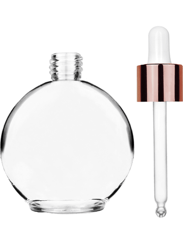 Round design 128 ml, 4.33oz  clear glass bottle  with white dropper with shiny copper collar cap.