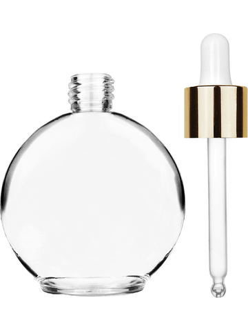 Round design 128 ml, 4.33oz  clear glass bottle  with white dropper with shiny gold collar cap.