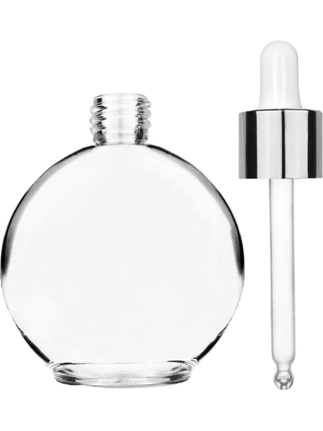 Round design 128 ml, 4.33oz  clear glass bottle  with white dropper with shiny silver collar cap.
